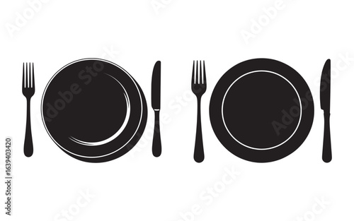 Black fork plate and knife silhouette cutlery set vector