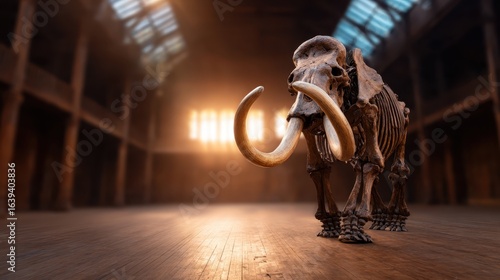 This stunning image displays a life-size mammoth skeleton illuminated by natural light in a grand hall, highlighting the majesty of ancient life and the wonders of paleontology.