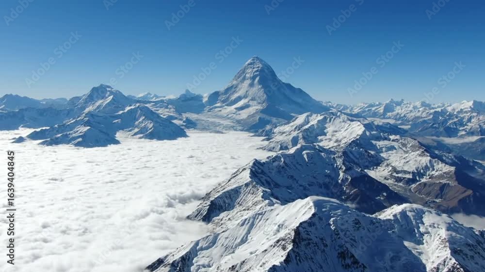Snowcapped mountain peaks rise above a sea of clouds under a clear blue sky Snowcapped mountain peaks rise above a sea of clouds under a clear blue sky