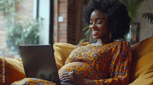Happy pregnant black mother working remotely on a laptop while cradling her baby bump. Inclusive, flexible remote workplace. Expectant mother on a team video call before, Generative AI