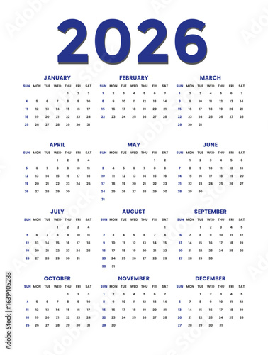 Calendar 2026 year vector illustration, Set of 12 Months, week starts on Sunday, Simple planner template, desk, table calendar 2026 year, wall calendar 2026 template, print media, Business template
