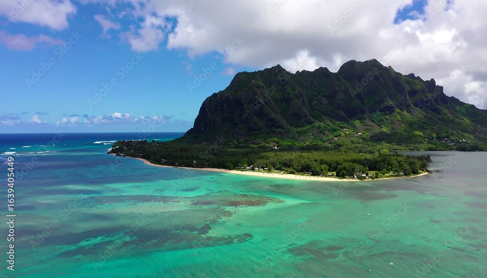 Fototapeta premium Coastal landscape with a dramatic mountain backdrop.