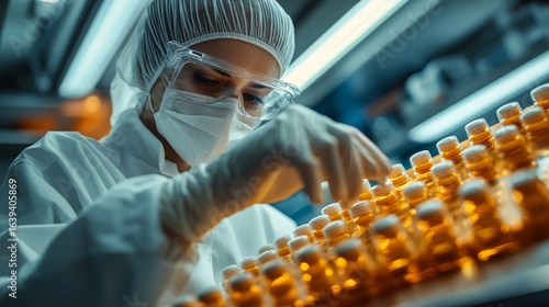Healthcare lab scientist in a white protective suit and gloves examining medication in a pharmaceutical drug factory mass-producing over-the-counter medicine, Generative AI