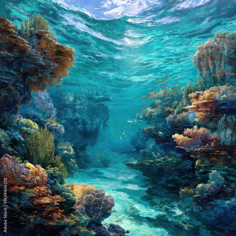 Fototapeta premium Underwater coral reef scene, ocean sunlight, vibrant fish, travel brochure