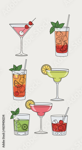 Collection of refreshing cocktails with garnishes and ice