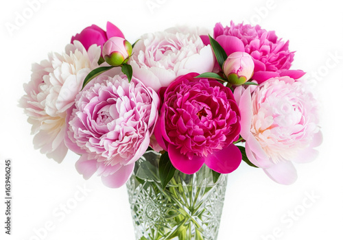 romantic composition of pink peonies in a crystal vase isolated on a white background