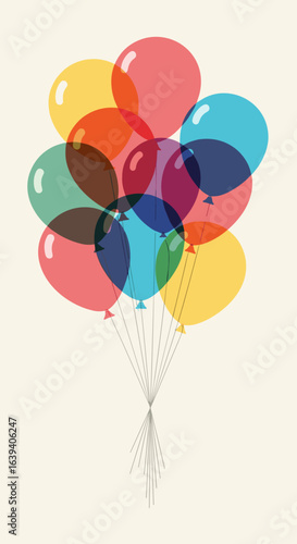Bunch of colorful transparent balloons floating upwards on a light background party celebration event