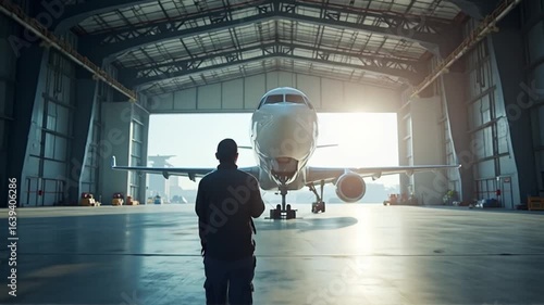 Aircraft engineer inspects a large commercial jet inside a vast hangar facility