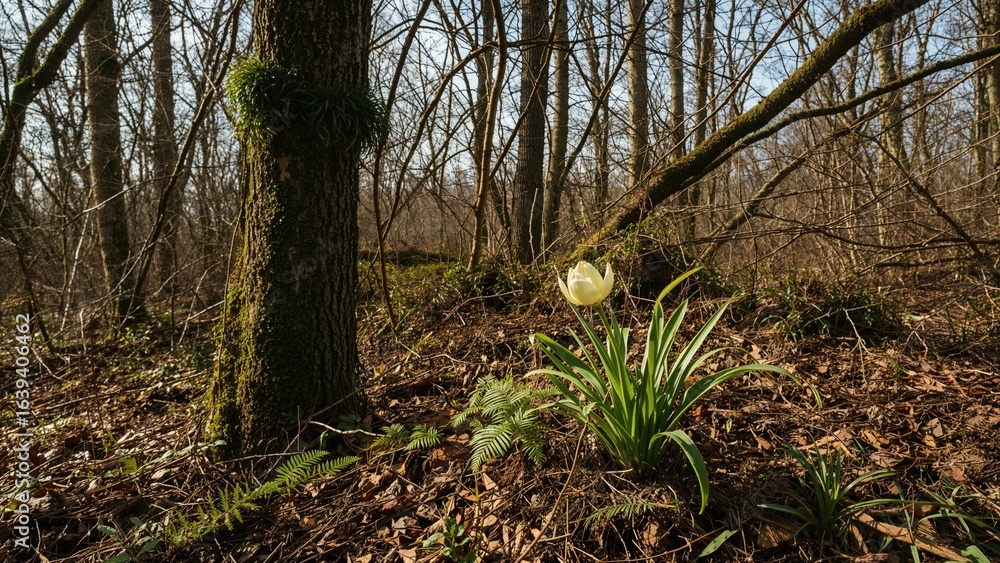Fototapeta premium Spring forest adorned with early winter blossoms