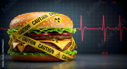 Cheeseburger wrapped in yellow caution tape.