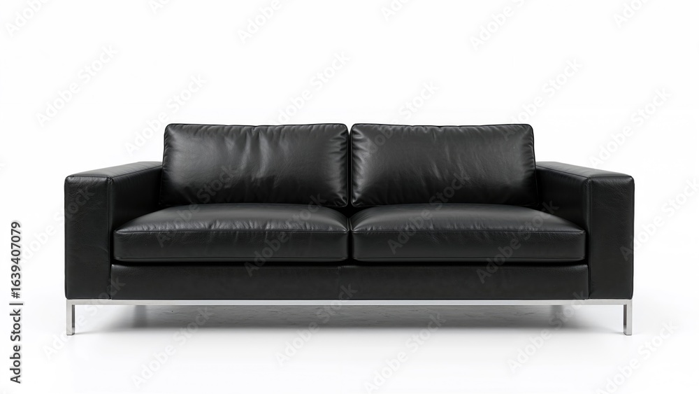 Fototapeta premium Two-seater cozy black leather couch isolated against white
