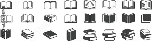 Book icon set, open book silhouette, closed book symbol, stack of books vector, reading illustration,
