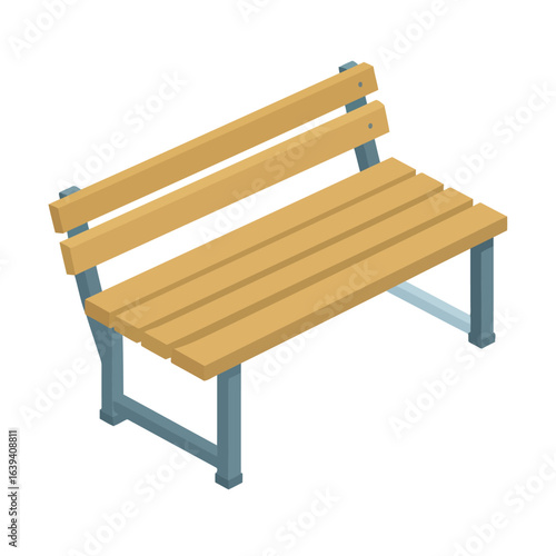 Isometric park bench with light brown wooden slats and a blue-grey metal frame.