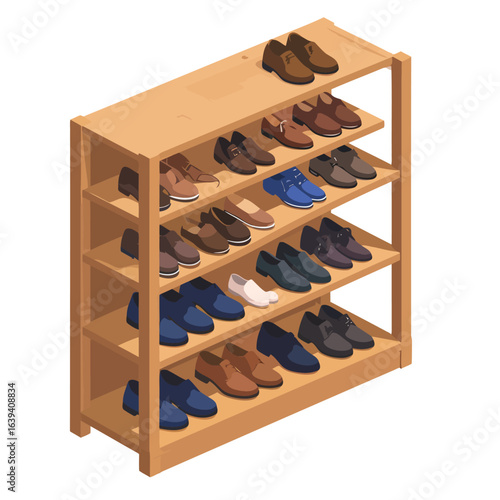 Isometric light brown wooden shoe rack with five shelves, neatly organized with multiple pairs of men's leather shoes.