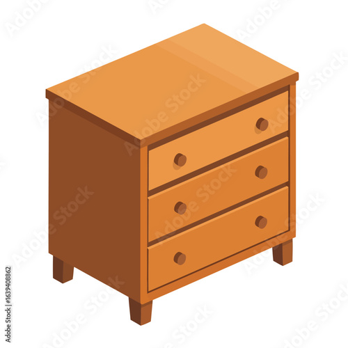 Classic light brown wooden chest of drawers with three drawers, isometric illustration.