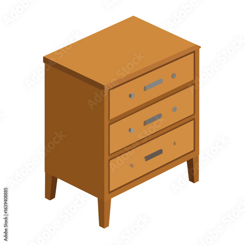 Isometric Wooden Dresser with Three Drawers and Silver Handles, Furniture