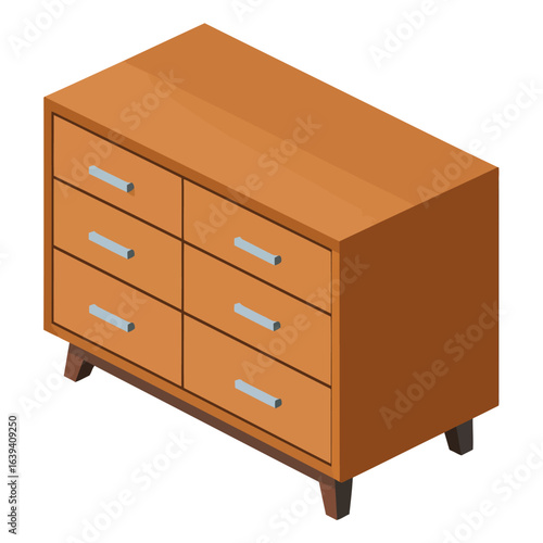 Isometric wooden dresser with six drawers and silver handles, mid-century modern style furniture.