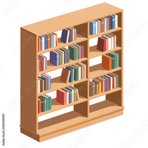Isometric Illustration of a Full Wooden Bookshelf with Colorful Books