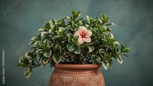 Variegated hau shrub prospering in a potted environment