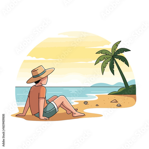A person wearing a hat sits on a sandy beach, gazing at the ocean and a palm tree under a bright, sunny sky.