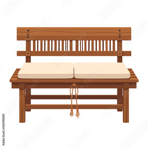 Wooden Bench with Cream Cushions and Decorative Rope Detail, Isolated