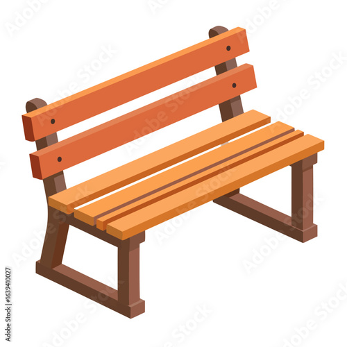 Classic wooden park bench with orange planks and a dark brown frame, shown in an isometric illustration style.