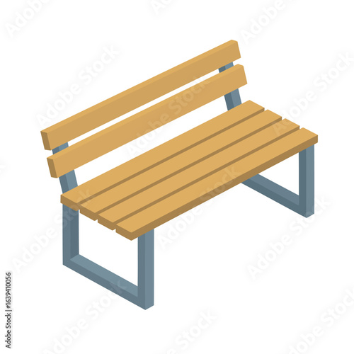 Isometric park bench with wooden slats and a modern grey metal frame.
