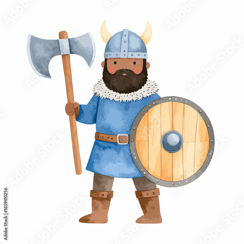 Friendly cartoon Viking warrior with a dark beard, horned helmet, holding a double-bladed axe and a wooden shield.