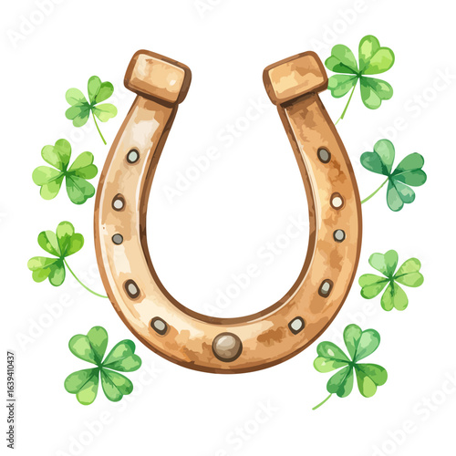 Watercolor illustration of a lucky golden horseshoe surrounded by green shamrock clovers.