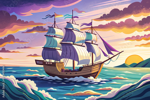 Sailboat cruising on calm ocean waves under clear sky, traditional design with tall mast cartoon wallpaper
