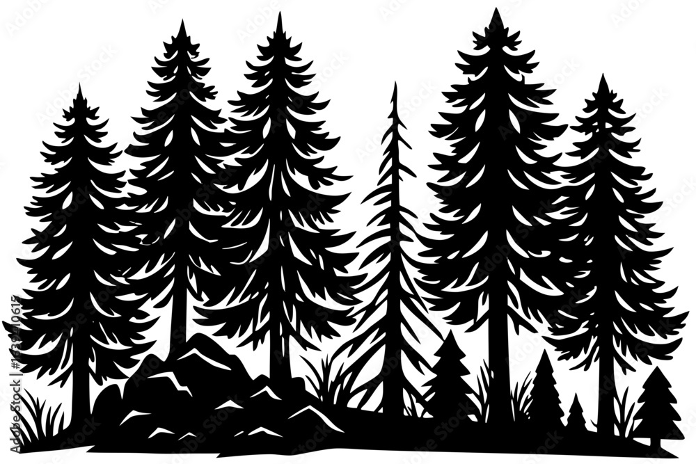 Fototapeta premium Vector art of silhouette of forest with pine trees