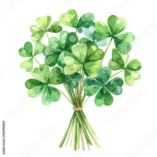 Watercolor Bouquet of Green Shamrock Leaves Tied with Twine