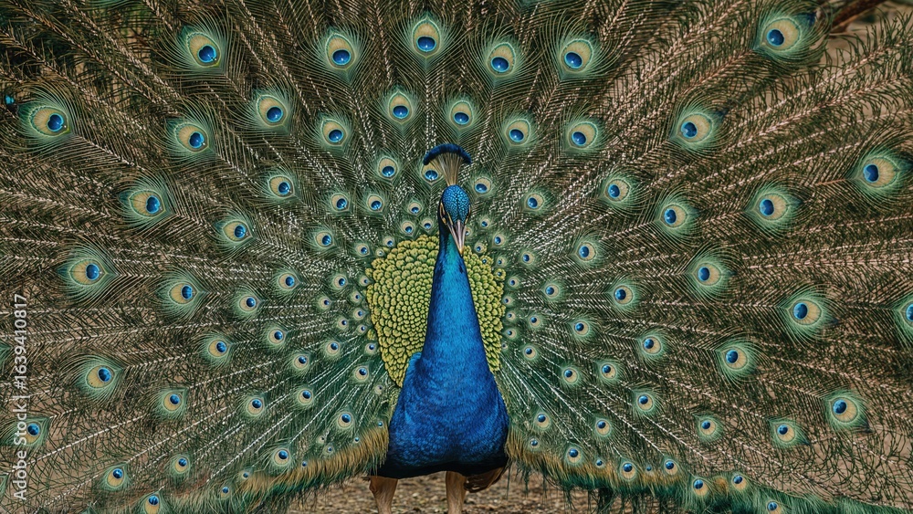 Obraz premium Colorful green and blue feathers of a male peacock shine as it beats a wheel in an animal park environment