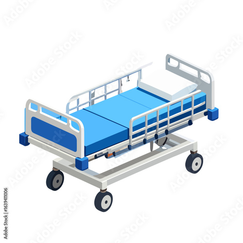 Modern adjustable hospital bed with side rails and blue mattress. Isometric medical gurney on wheels for patient care.