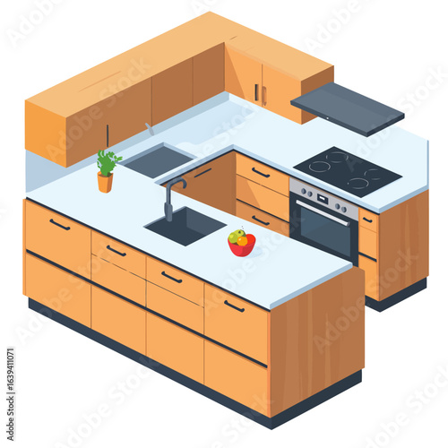 Isometric U-shaped kitchen with light wood cabinets, white countertops, and modern appliances.