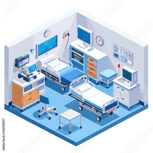 Isometric illustration of a modern hospital room with two beds, medical equipment, and computer workstations.