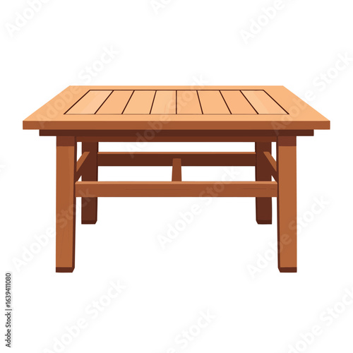 Simple square wooden garden table with a slatted top and sturdy legs, front view illustration.
