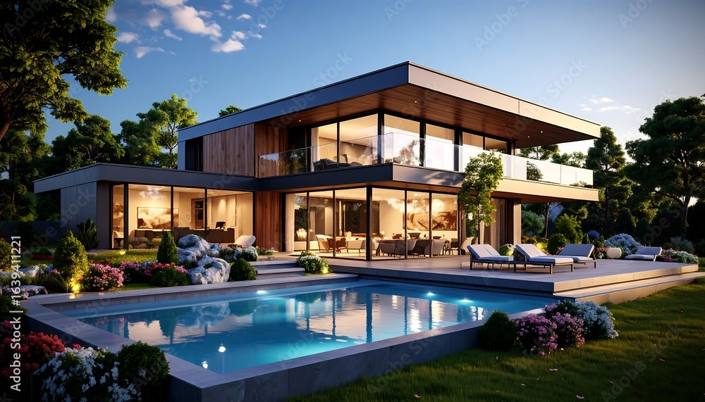 Modern home with a pool and garden at twilight. Modern home with a pool and garden at twilight.