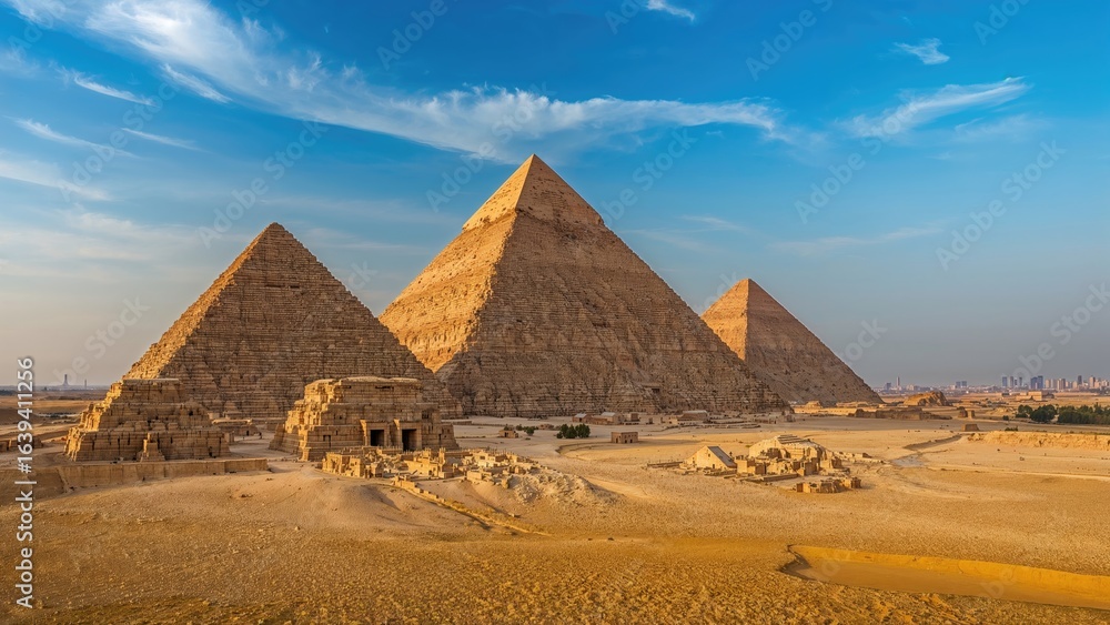 Historic monumental pyramids standing tall in the sandy landscape Historic monumental pyramids standing tall in the sandy landscape