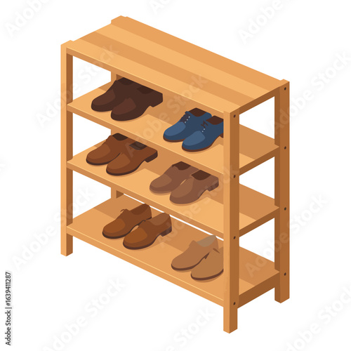 Wooden Shoe Rack with Assorted Leather Shoes on Shelves