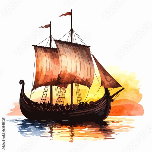 Watercolor painting of a Viking longship sailing on the sea, with figures visible on board, against a sunset backdrop.