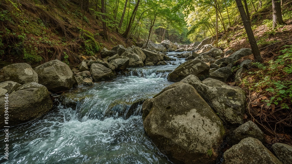 Fototapeta premium A peaceful stream moving through rocky terrain with trees all around.