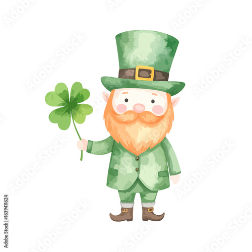 Charming watercolor leprechaun in a green suit and top hat, holding a lucky four-leaf clover.