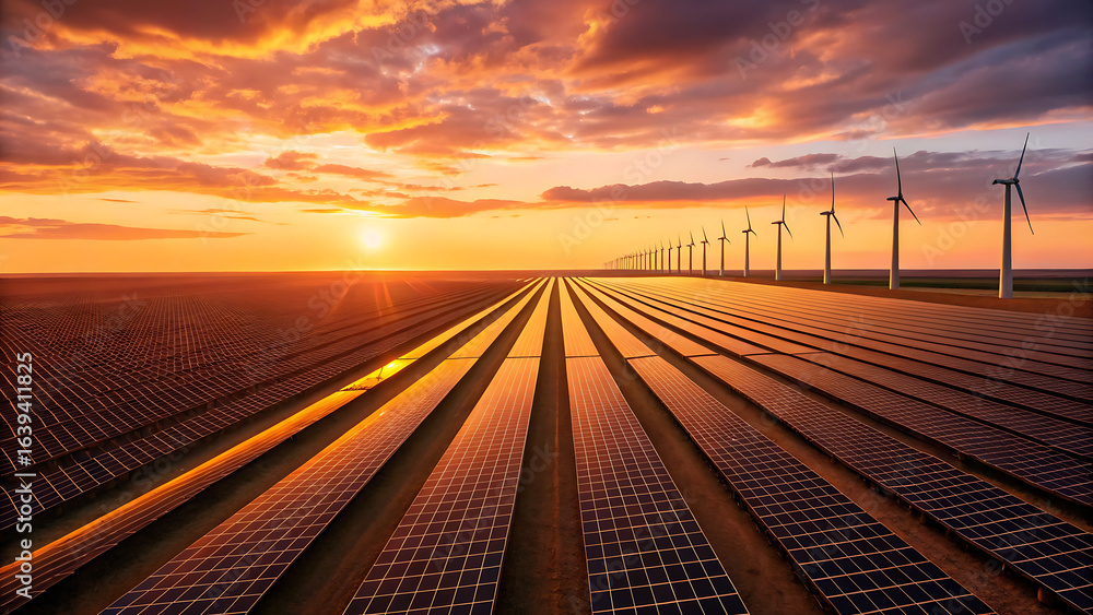 Fototapeta premium “Solar Panels and Wind Turbines at Sunset – Renewable Energy Landscape with Golden Sky”