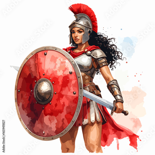 A fierce female warrior in Greco-Roman armor, holding a large red shield and a sharp sword.