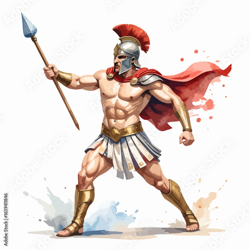 Muscular Spartan warrior in a dynamic pose, wearing a plumed helmet, red cape, and holding a spear.