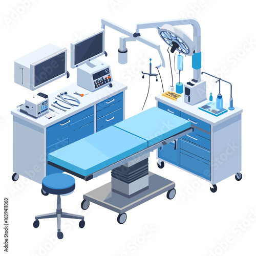 Isometric illustration of a modern surgical operating room with advanced medical equipment.