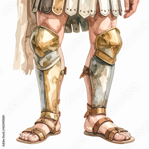 Watercolor Illustration of Roman Soldier Legs with Armor and Sandals