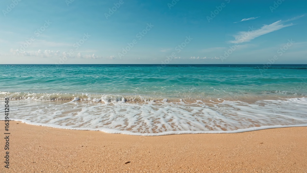 Fototapeta premium Seaside view featuring sand and rolling waves
