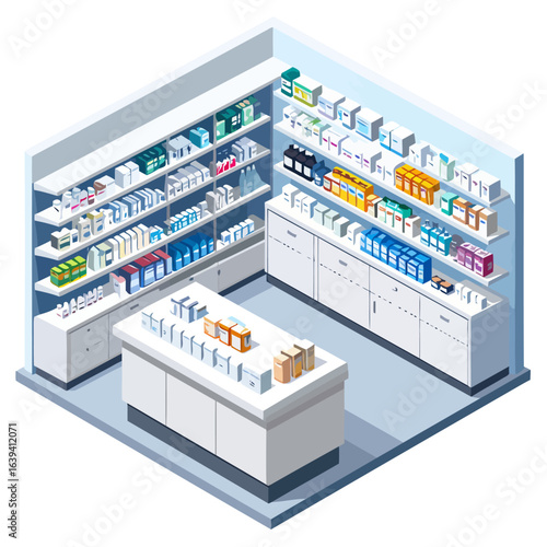 Isometric Pharmacy Interior with Shelves Stocked with Medicine Boxes